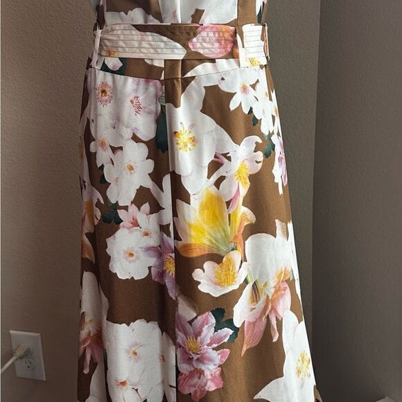 Calvin Klein Size 8 Sleeveless Brown Floral Print Belt w/Ruffle Hem Spring Dress - Picture 7 of 15